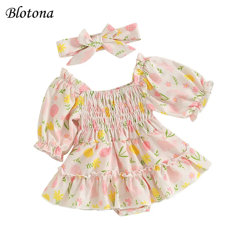 

Blotona Baby Girls Easter Romper Dress Short Sleeve Floral Bunny Egg Print Romper with Headband 2Pcs Outfits 0-18Months