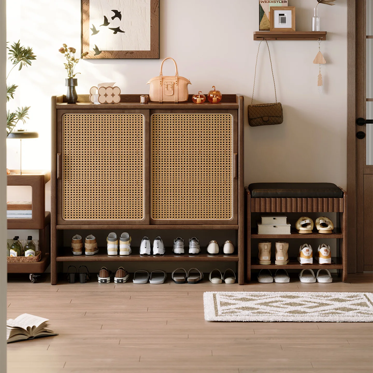 Solid wood shoe cabinet door locker entrance entrance integrated t the wall rattan multi-layer dust shoe rack small apartment