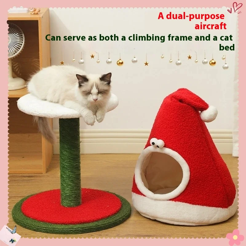 

Cat Climbing Frame Sisal Cat Tree Detachable Stable Base Scratch-Resistant Durable Cat Bed For Indoor Cats Christmas Hat Design