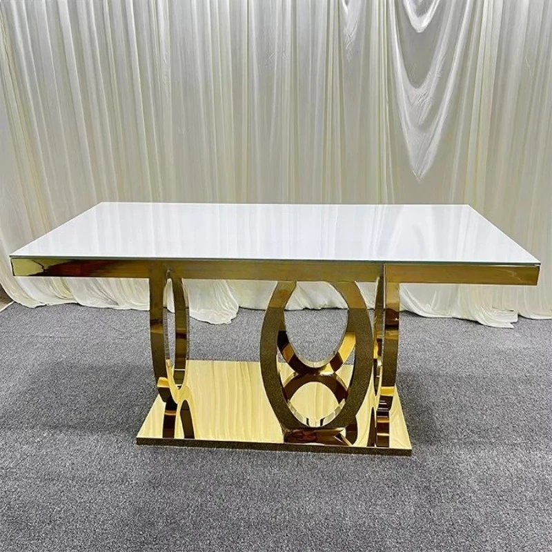 

Rectangle tempered white glass event decoration luxury gold stainless steel wedding table