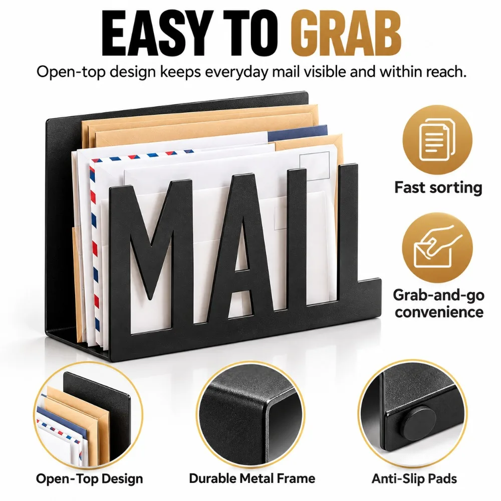 Minimalist Black Metal File Organizer, Desktop Document Holder With MAIL Cutout Design, Vertical Paper Storage Rack For Office Desk, Letter Sorter, Folder Organizer And Home Workspace Organization
