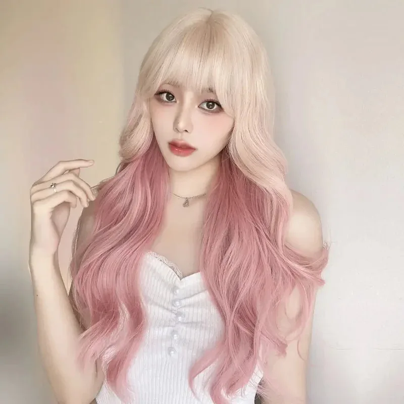 Wig Merah Muda Putih Bergelombang Panjang untuk Wanita Wig Sintetis Pesta Harian dengan Kostum Poni Wig Lolita Wig Cosplay Merah Muda Gradien Platinum