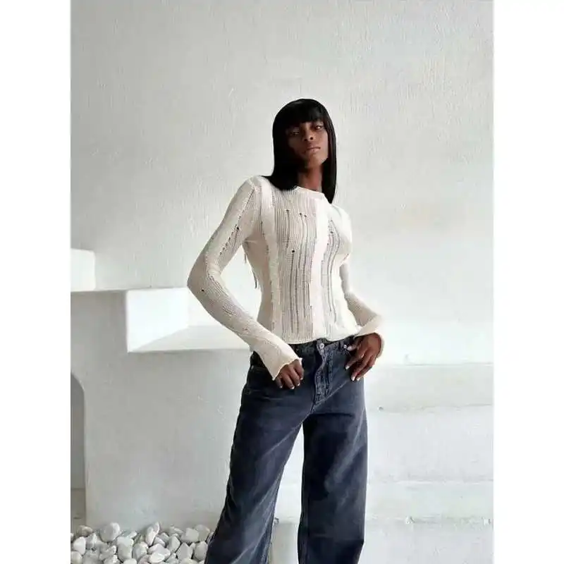 

Faion Knit Stripped One Pullover Sexy Long Fl Women's Low Waist orts Bamboo Fiber Spring Season Clothing