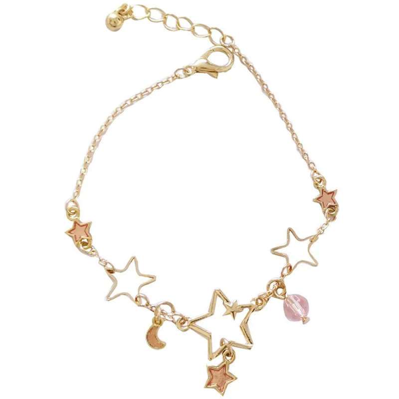 Adjustable Zircon Star & Moon Bracelet Fashion Link Chain Simple Design Jewelry for Women Girls Party Gift