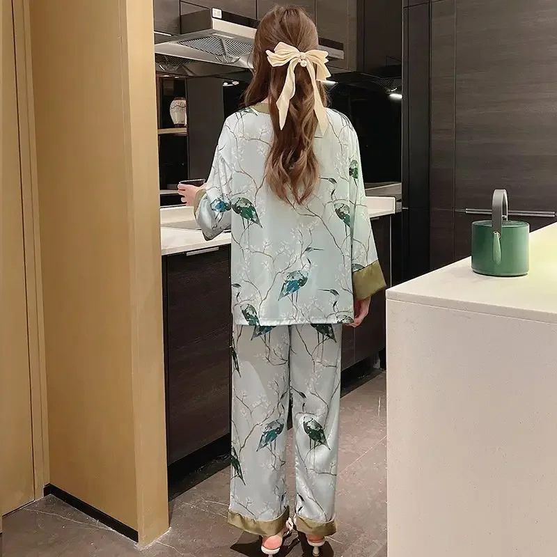 Women Ice Snow Silk Pajamas Spring Autumn Female Long Sleeve Thin Nightclothes Suit High-Grade Buckle Floral Casual Homewear