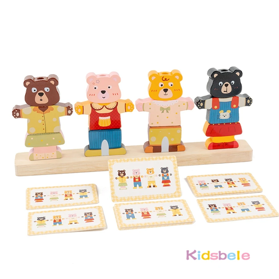 Orsi che cambiano vestiti Blocchi impilabili Giocattolo Montessori in età prescolare in legno Puzzle colorato Gioco fantasioso per bambini Regalo di compleanno