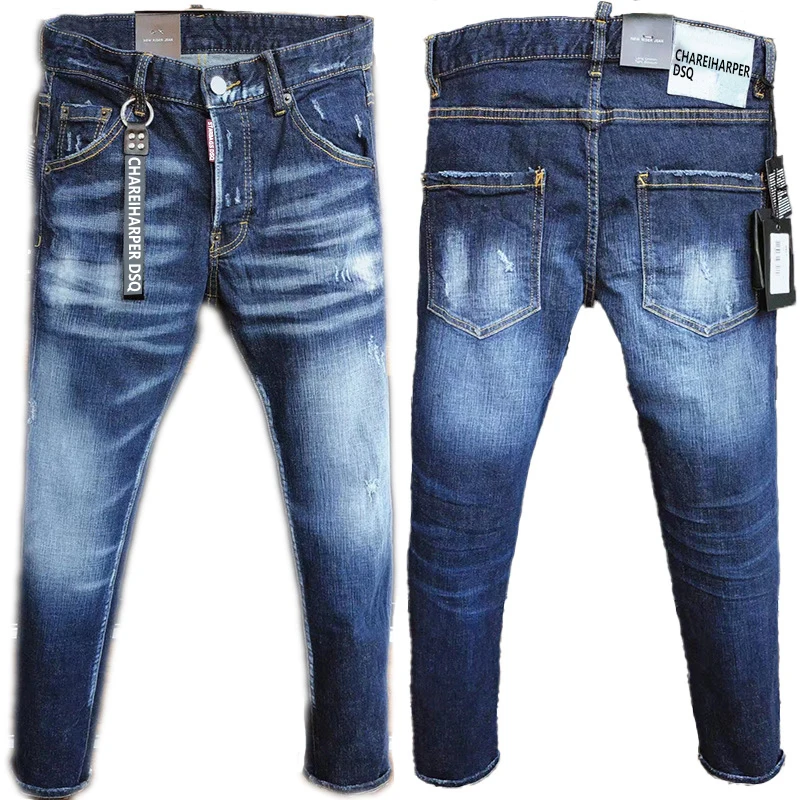 

Chareiharper DSQ 9811 Men's Jeans Straight Fit Elastic Cotton Blue Paint Wash Water Tear Tear Process Italian Design Jeans Men