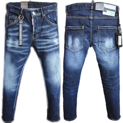 Chareiharper DSQ 9811 Men's Jeans Straight Fit Elastic Cotton Blue Paint Wash Water Tear Tear Process Italian Design Jeans Men