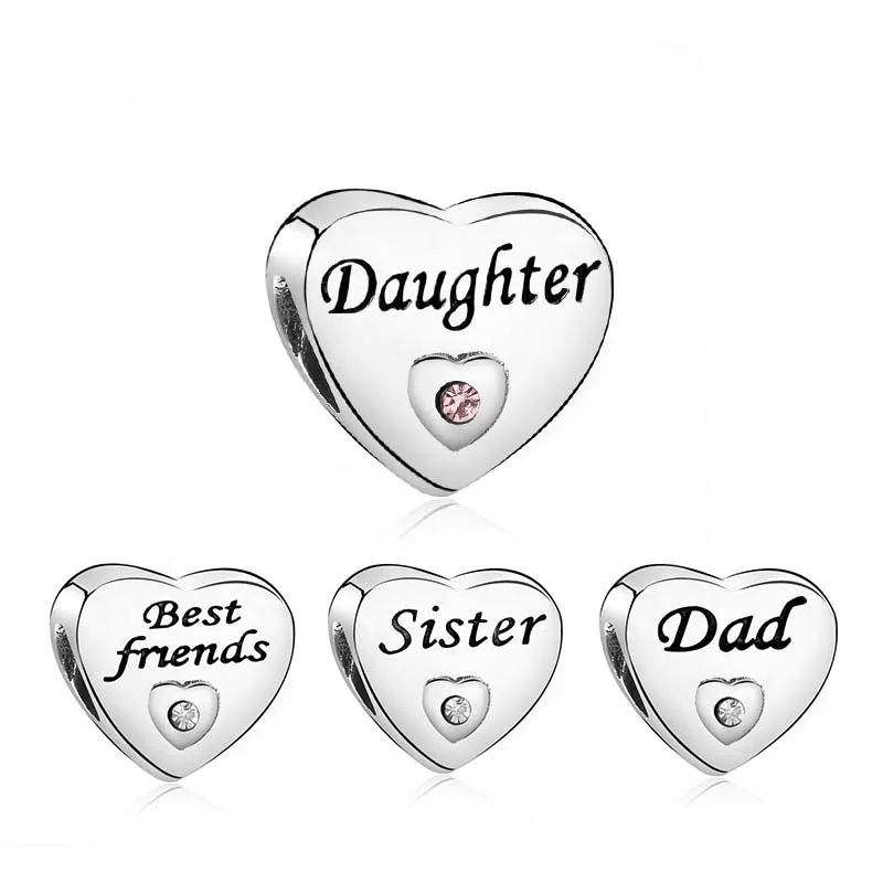 New Forever Family Daughter Heart Dad Sister Mom Beads Charms Silver Bracelet DIY Women Jewelry