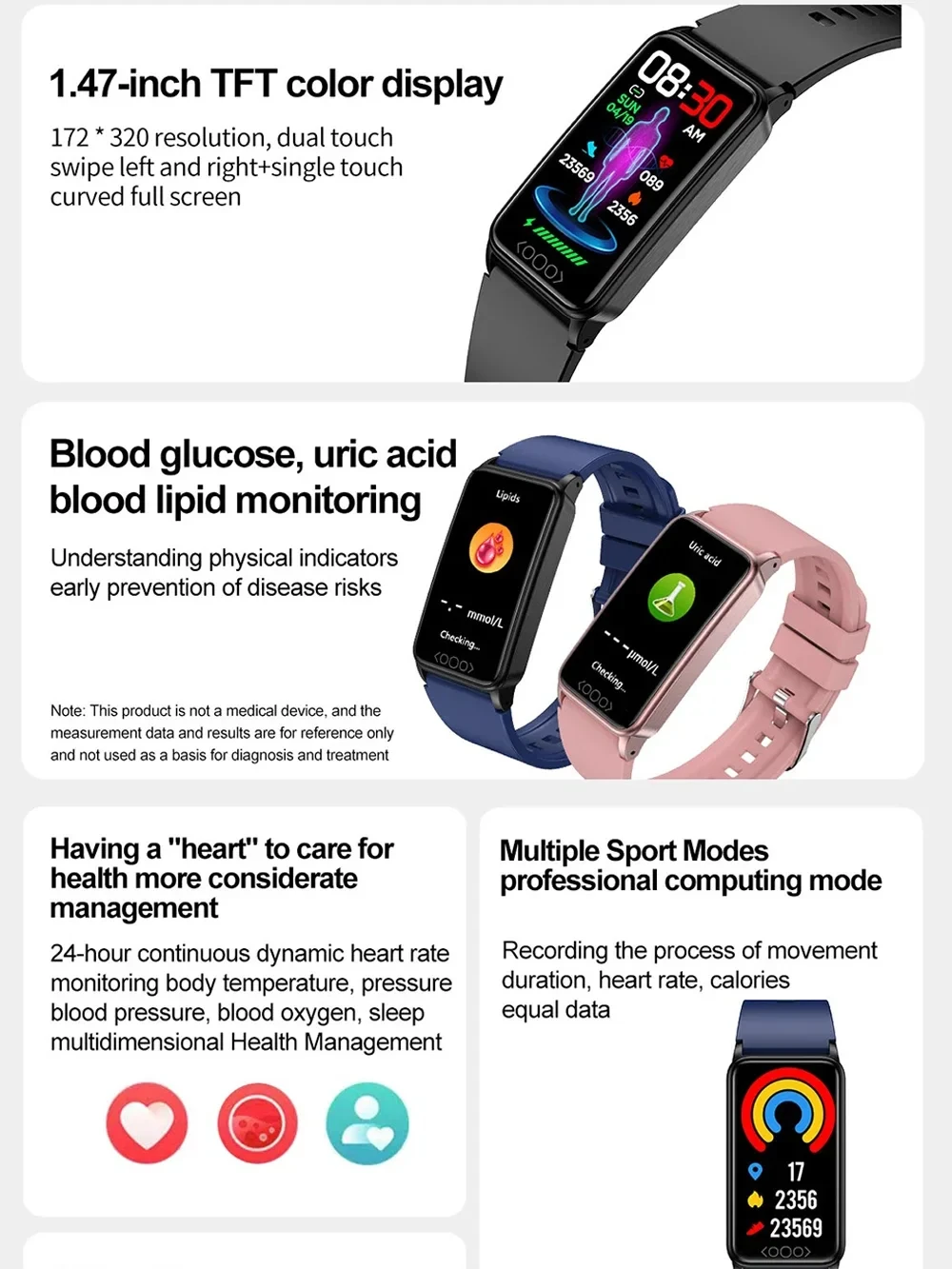 new for XIAOMI Blood Sugar Body Temperature Smart Band Uric Acid Blood Lipid Pressure Heart Rate Monitor Bracelet smart watch