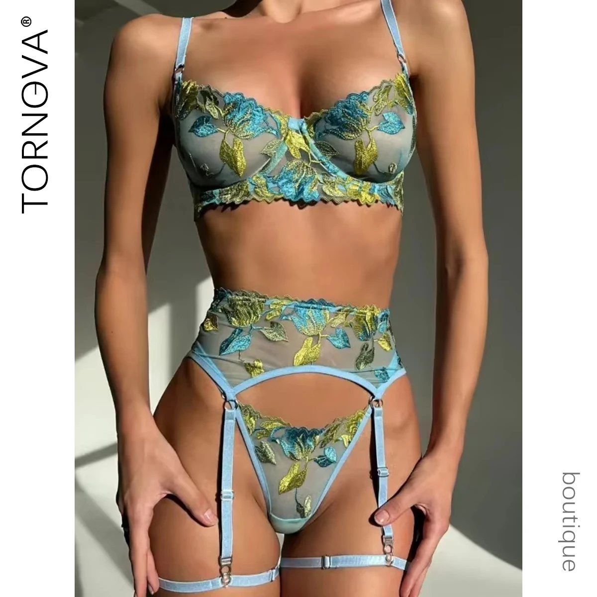 

Tornova Sexy Embroidery Underwear Set Sexy Girdle Garter Underwear Set Mesh Patchwork See-through Embroidery Sexy Lingerie Set