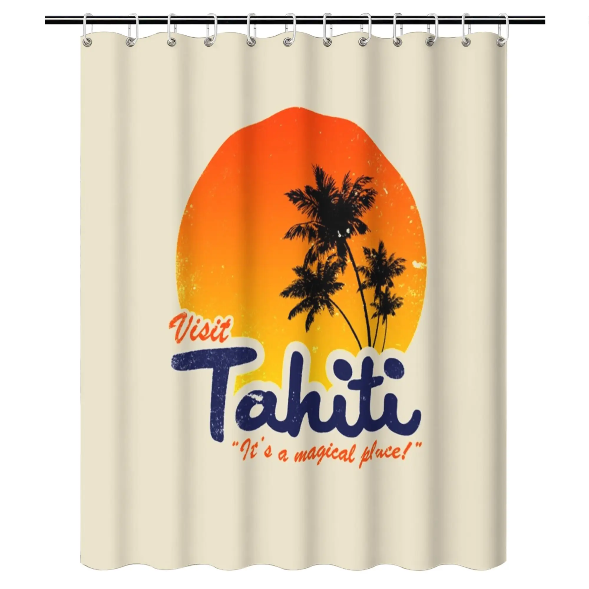 Distressed Tahiti Travel Poster Shower Curtain – Retro Tropical Bathroom Decor, Elegant Guest & Powder Room Upgrade