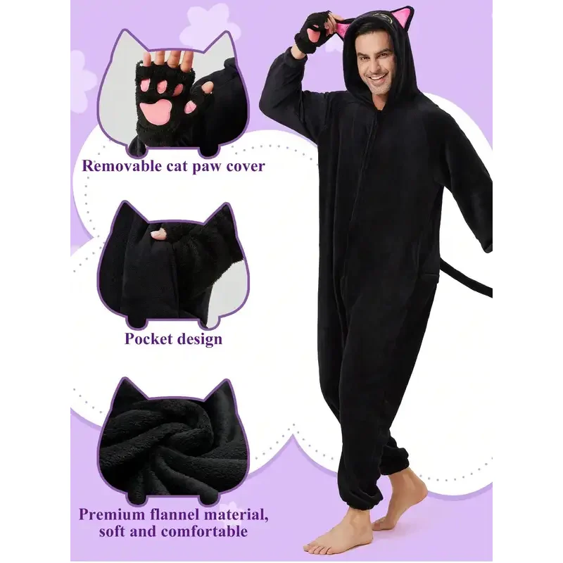 Mono negro para adultos, pijama, guantes de pata, traje de pareja, cosplay, lindo gato, vestir para hombres y mujeres mb.3
