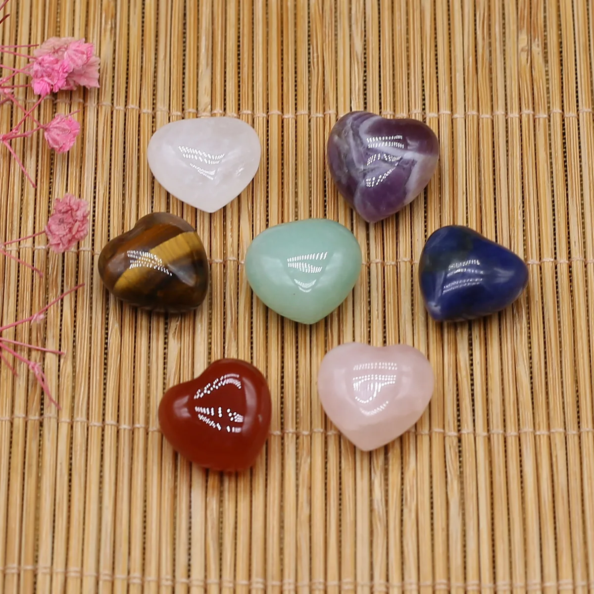 7pcs 15mm Natural Stone Crystal Agate Heart Aura Rune Yoga Stone Chakra Loose Beads for Jewelry Making Supplies DIY Accessories