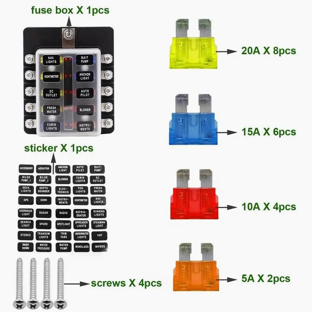 10 Ways Car Blade Holder Fuse Box 10Ways With LED Indicator Light 12V 32V Screw Binding Post Fuse For Car Boat Marine Universal