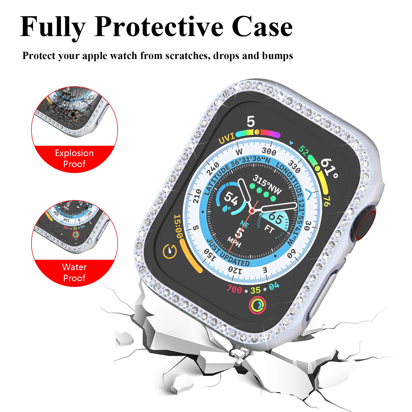 アップルウォッチ用ダイヤモンドバンパープロテクターカバー,40mm, 38mm, 44mm, 42mm,iwatchシリーズ4, 5, 6,se 1, 2, 3,アクセサリー