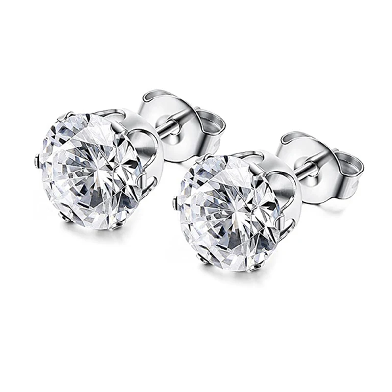 1 Pair 6mm Stainless Steel Classic Round Square Cubic Zirconia Ball Stud Earrings For Men Women Girls Black Silver Color