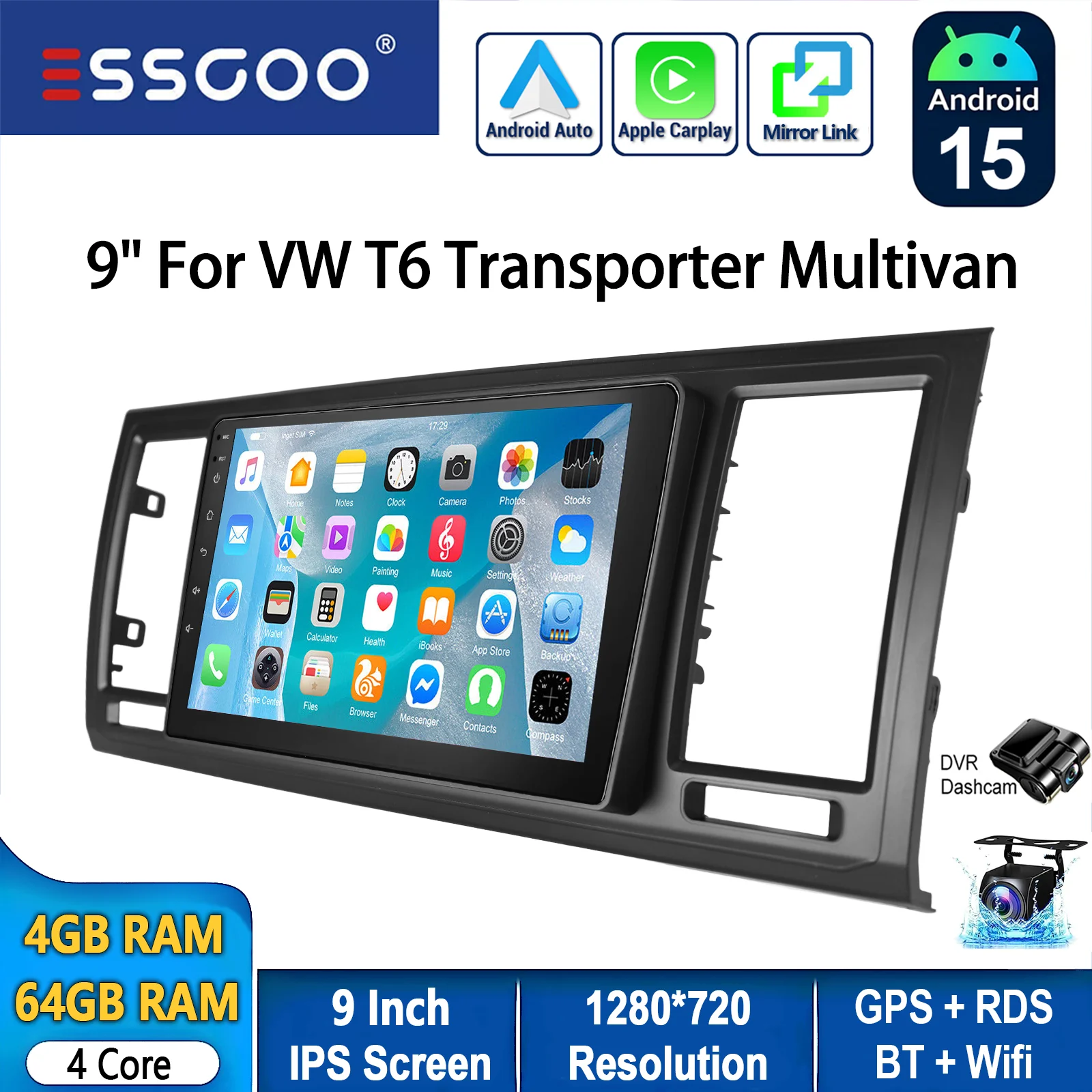 ESSGOO 9 inch 64GB Android 15 draadloze CarPlay autoradio voor VW T6 Transporter Multivan GPS navigatie WIFI BT RDS SWC Mirror Link