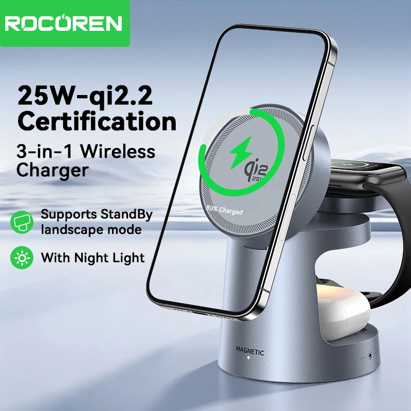 

Беспроводное зарядное устройство Rocoren 25W QI2.2 Mac Safe Charger, подставка для беспроводной зарядки 3-в-1, портативное зарядное устройство-держатель для телефона для iPhone 17 16 Pro Max