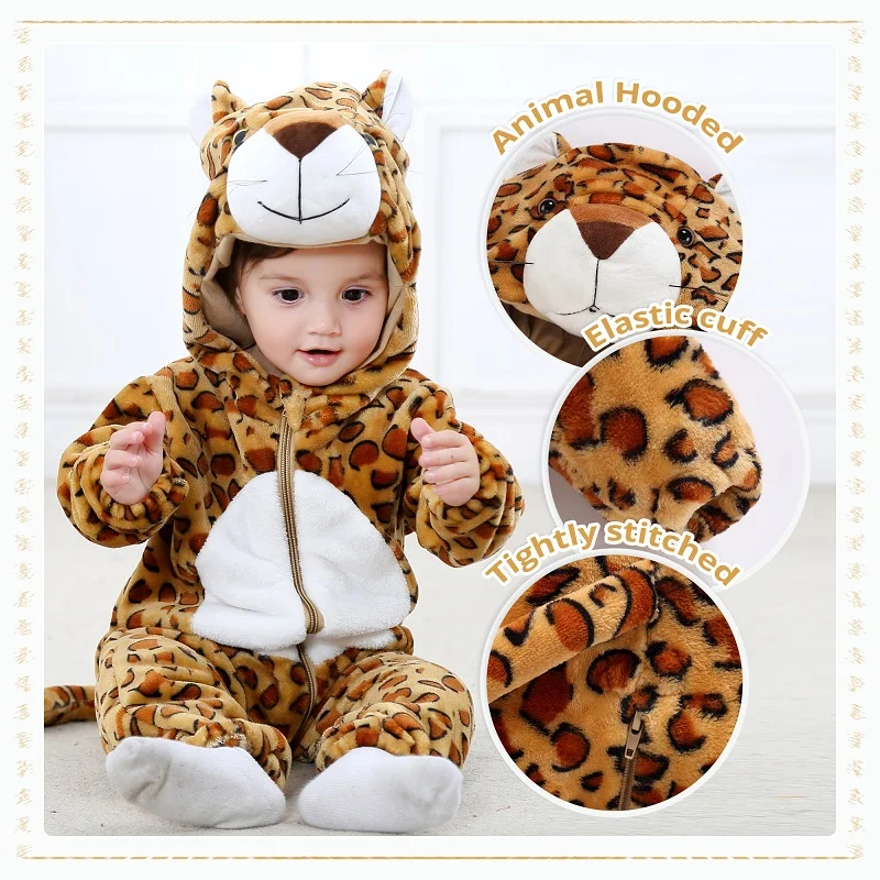 MICHLEY Halloween Dinosaur Leopard Winter Baby Romper Infant Costume Clothes For Newborn Boys Flannel Cute Bodysuit Pajamas Bebe