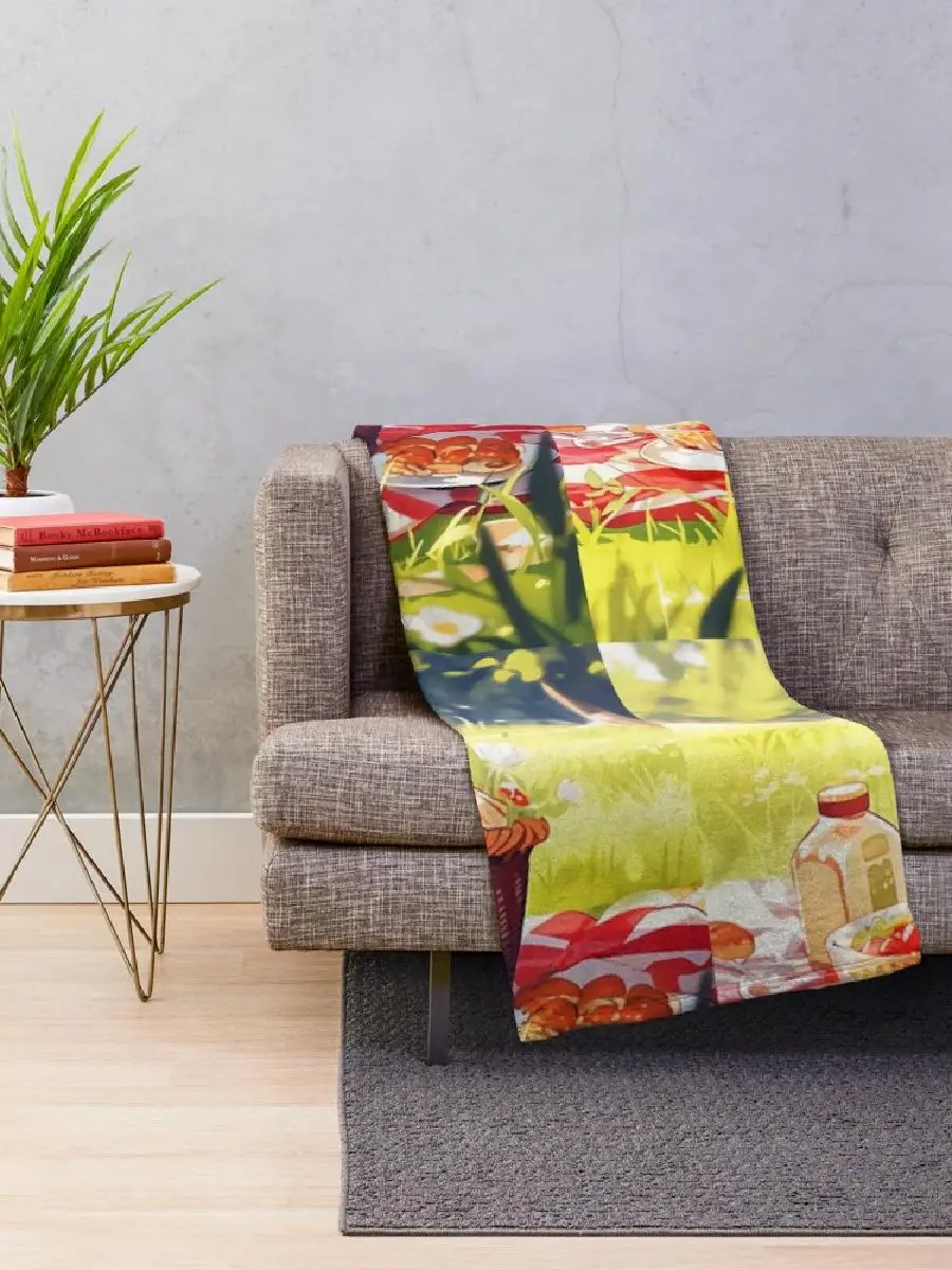 Anime Picnic Bliss  Plaid Throw Blanket for Outdoor Feasts with Matching Basket Perfect for Home Textile Enthusiasts