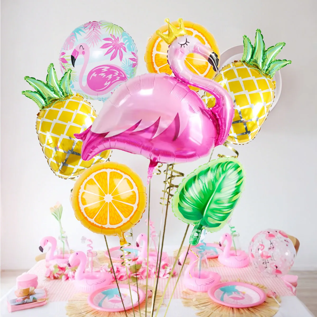 7 stücke Tropical Flamingo Ananas Orange Grün Blatt Aluminium Film Ballon Set Mädchen Geburtstag Hawaiian Party Sommer Thema decoratio