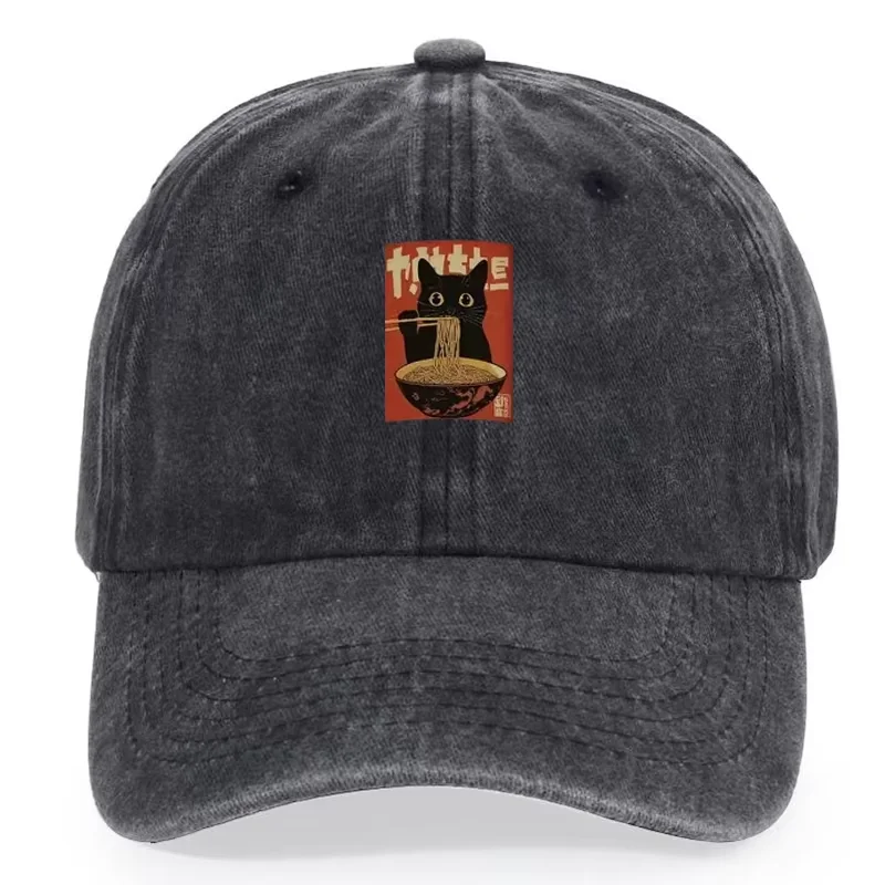 Gorra de béisbol retro - Lindo gato negro con estampado de ramen, diseño ajustable - Adecuado tanto para hombres como para mujeres