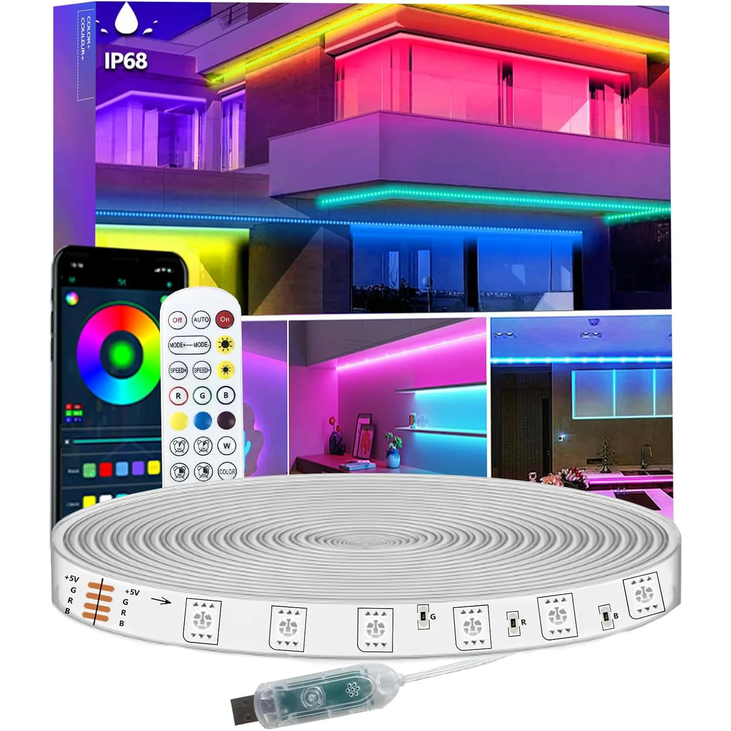 RGB LED Strip Lights IP68 Outdoor Waterproof, 5V USB Powered, Music Sync Bluetooth APP/RF Remote Control Lights for Balcony,Deck,Camping,Garden,Bedroom Decor
