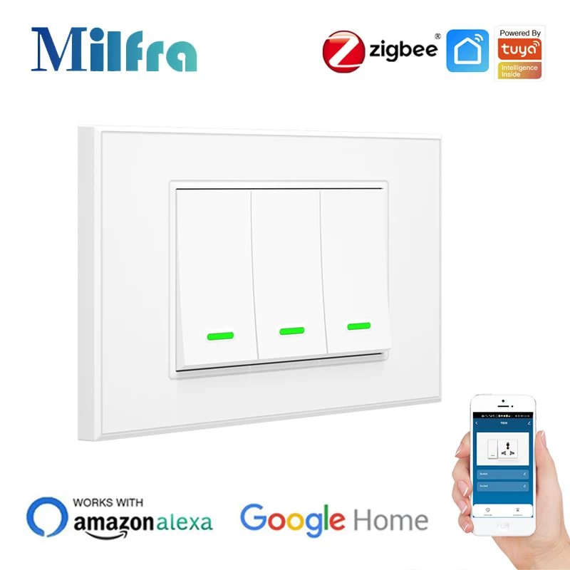

Tuya Zigbee Wall Light Switch Smart Wireless Push Button Switches 100-240V 1/2/3 Gang Remote Control Work With Alexa Google Home