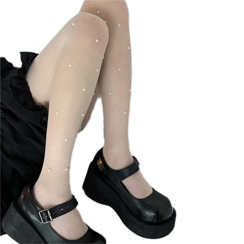 Women Silky Sheer Pantyhose Vintage Pearls Beaded Solid Color Seamless Tights See Through Leggings Slimming Stockings