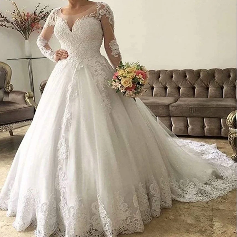 

Elegent Scoop Neck Vestidos De Novia Appliques Vestido De Noiva Long Sleeve Wedding Dress 2023 Lace Robe De Mariée