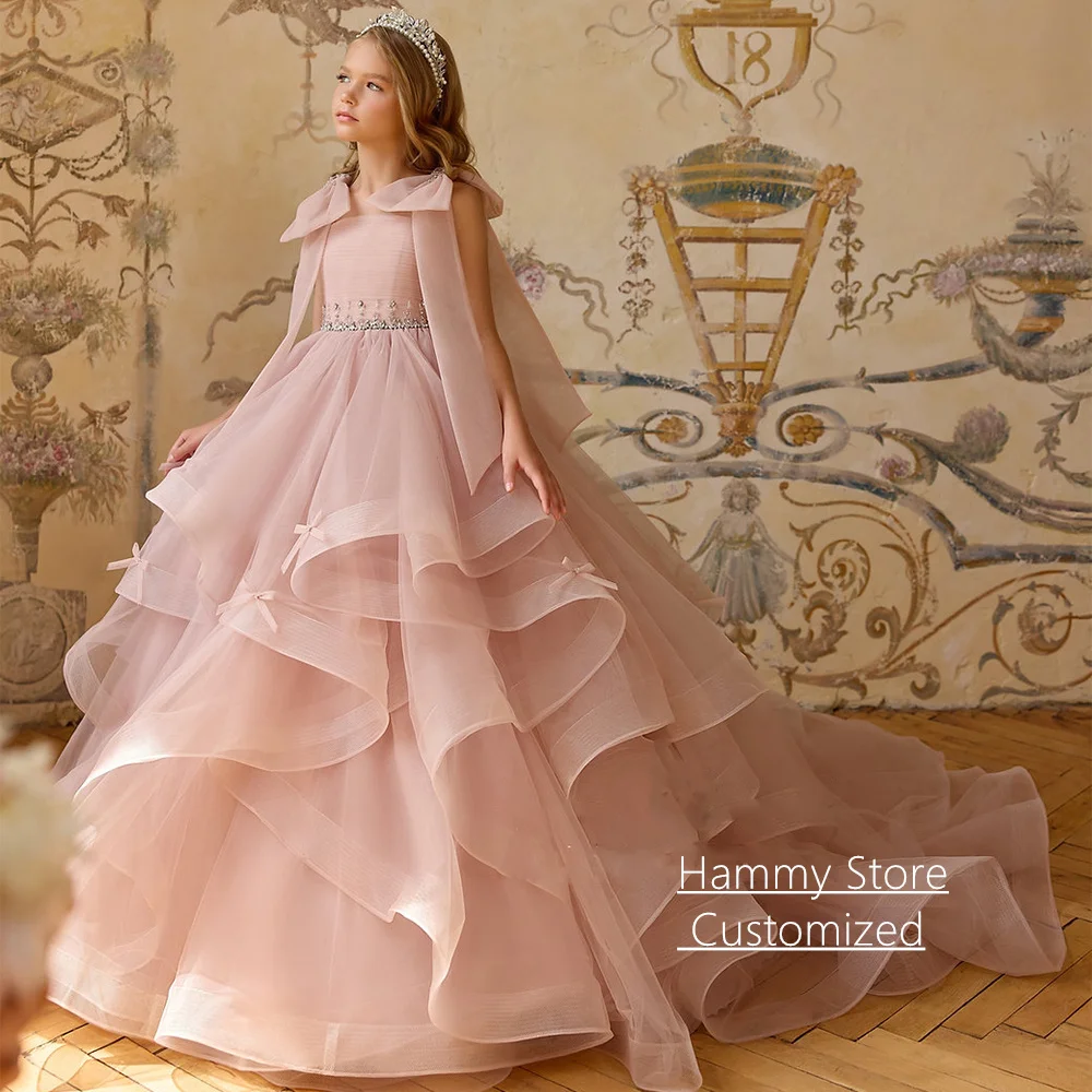 

Flower Girl Dress Customized Sleeves Bow Straps Beading Stone Ruffles Ball First Communion Gown Girls Birthday Party Dresses