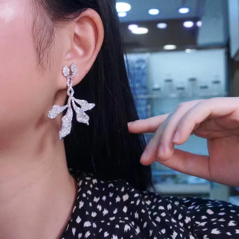 Luxury Jewelry Leaf Earring For Women Fine Jewelry Elegant Cute Romantic 925Sterling Silver With Cubic Zirconia Free Shipping