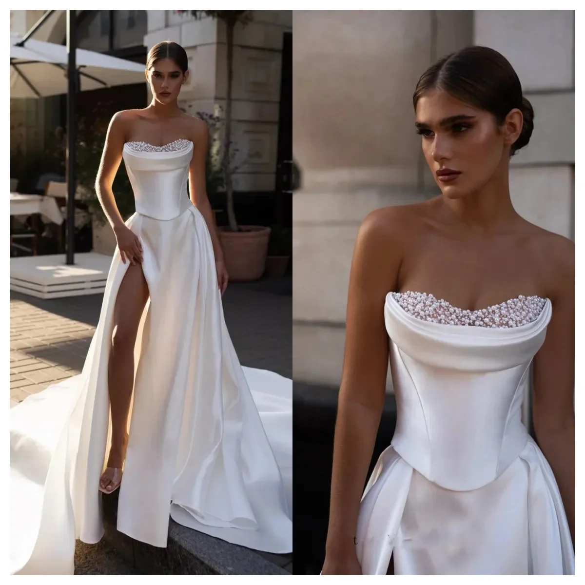 Elegante abito da sposa da donna in raso a linea A senza spalline senza maniche Abiti da sposa Perle Perline Abito con strascico laterale diviso Realizzato su misura