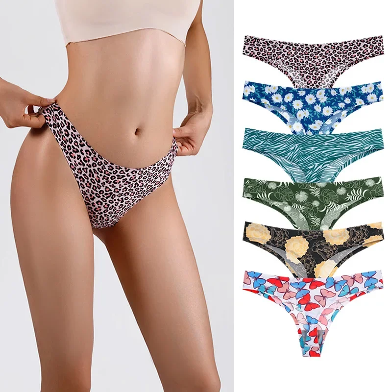 Ice Silk Women's Seamless Underwear Fashion Print Low Rise T-Back Panties Sexy Thongs Ladies Sports Lingerie G-string Bikini