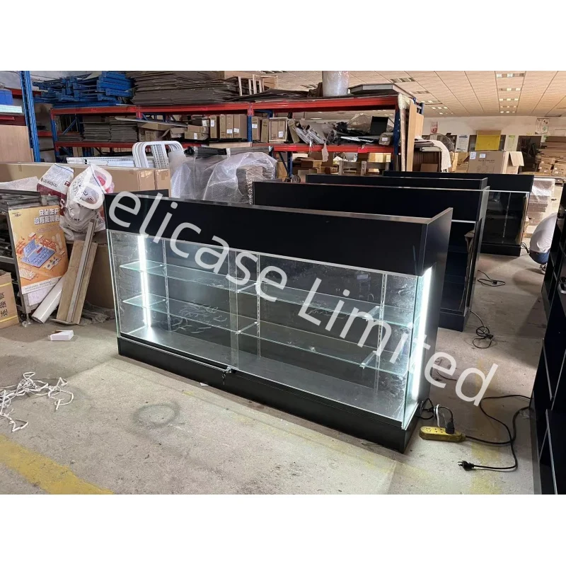 custom.6 Feet Multifunctional Retail Store Shop Cash Desk Wooden Ledge Top Checkout Counter With View Front Glass Showcase