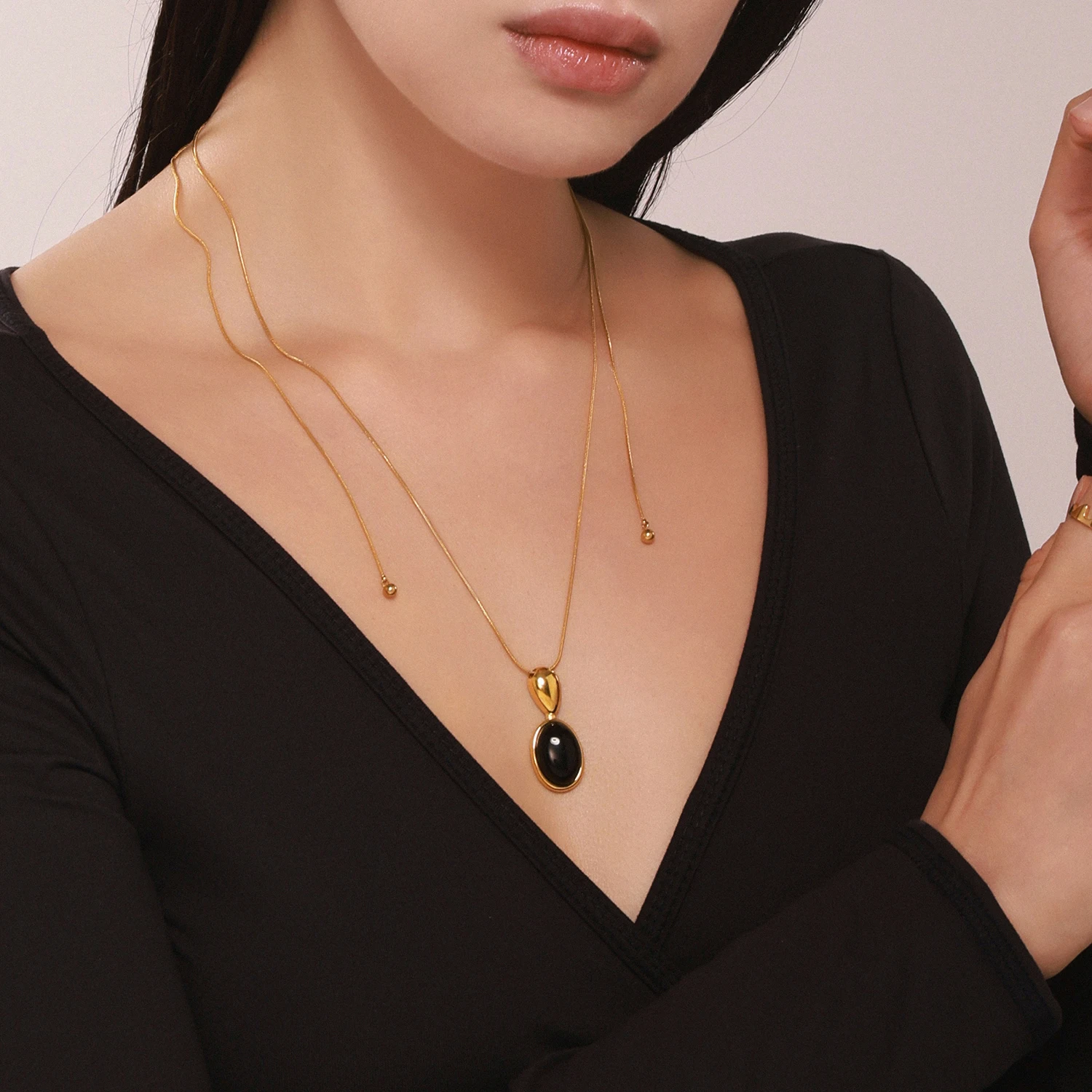 Women's Adjustable Long Pendant Necklace with Black Agate & Tiger Eye Stone