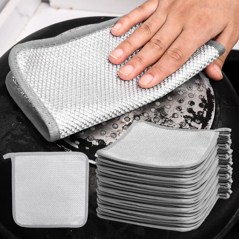 1/12pcs Three-layer Steel Wire Cleaning Cloths Metal Silver Wire Dishwashing Towels Home Kitchen Pot Pan Dish Non Stick Oil Rags