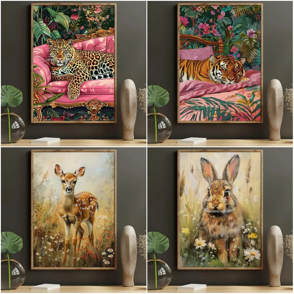 Print Leopard Tiger Sleep On Bed Painting Deer Rabbit In Flowers Poster Home Decoration Pop Lovely Wildlife Wall Art Canvas