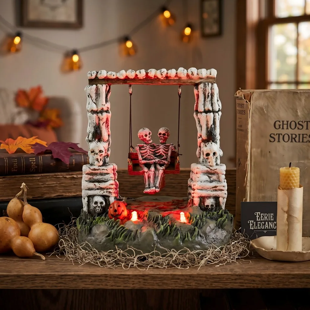 Halloween Decor Swinging Skeleton Couple Figurine, LED Light Up Spooky Village Statue, Animated Ghost Festival Tabletop Ornament