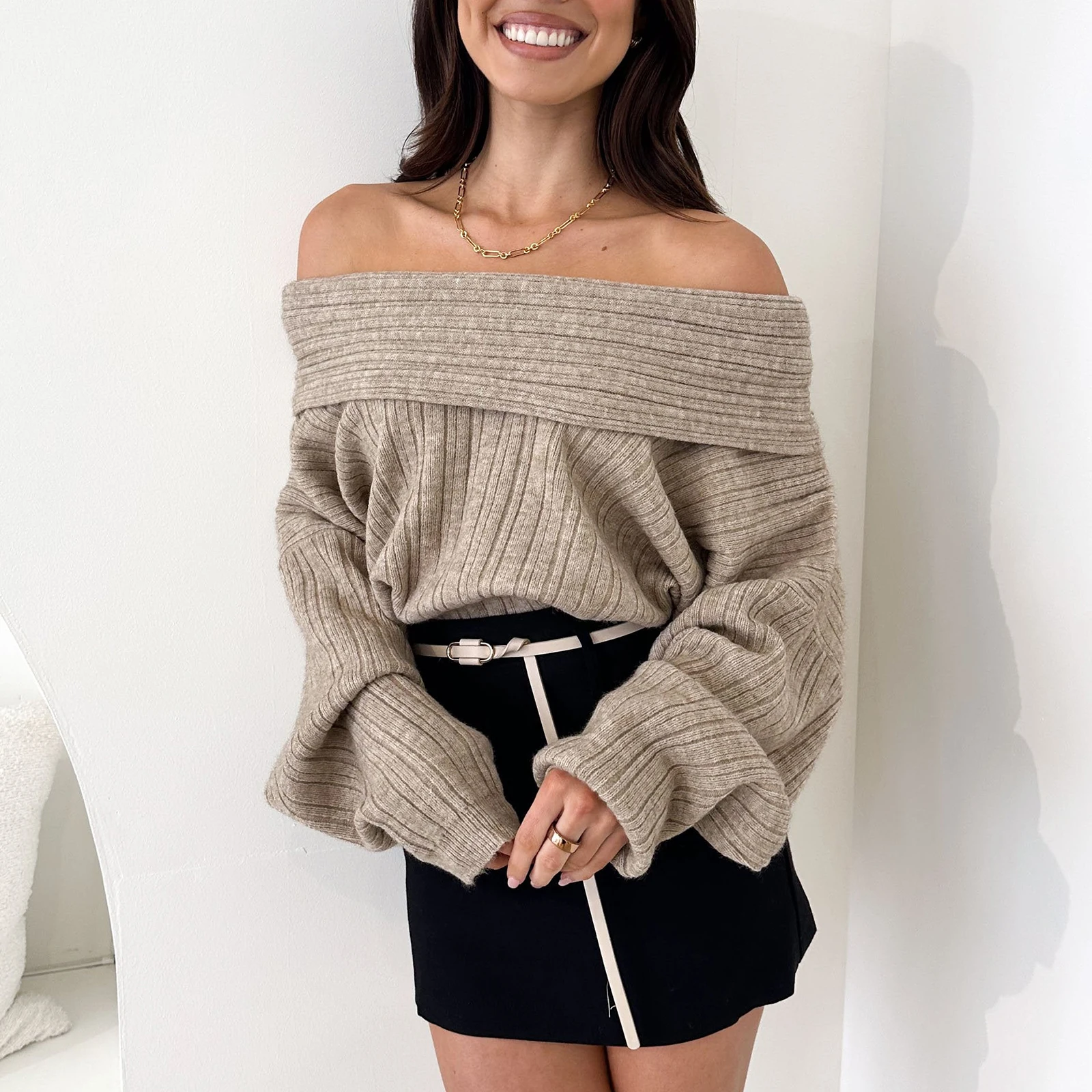 Women's Aesthetic Spring and Autumn Off-Shoulder Sweater Long Sleeve Solid Color One Shoulder Pullover Ribbed Warm Knitted Top