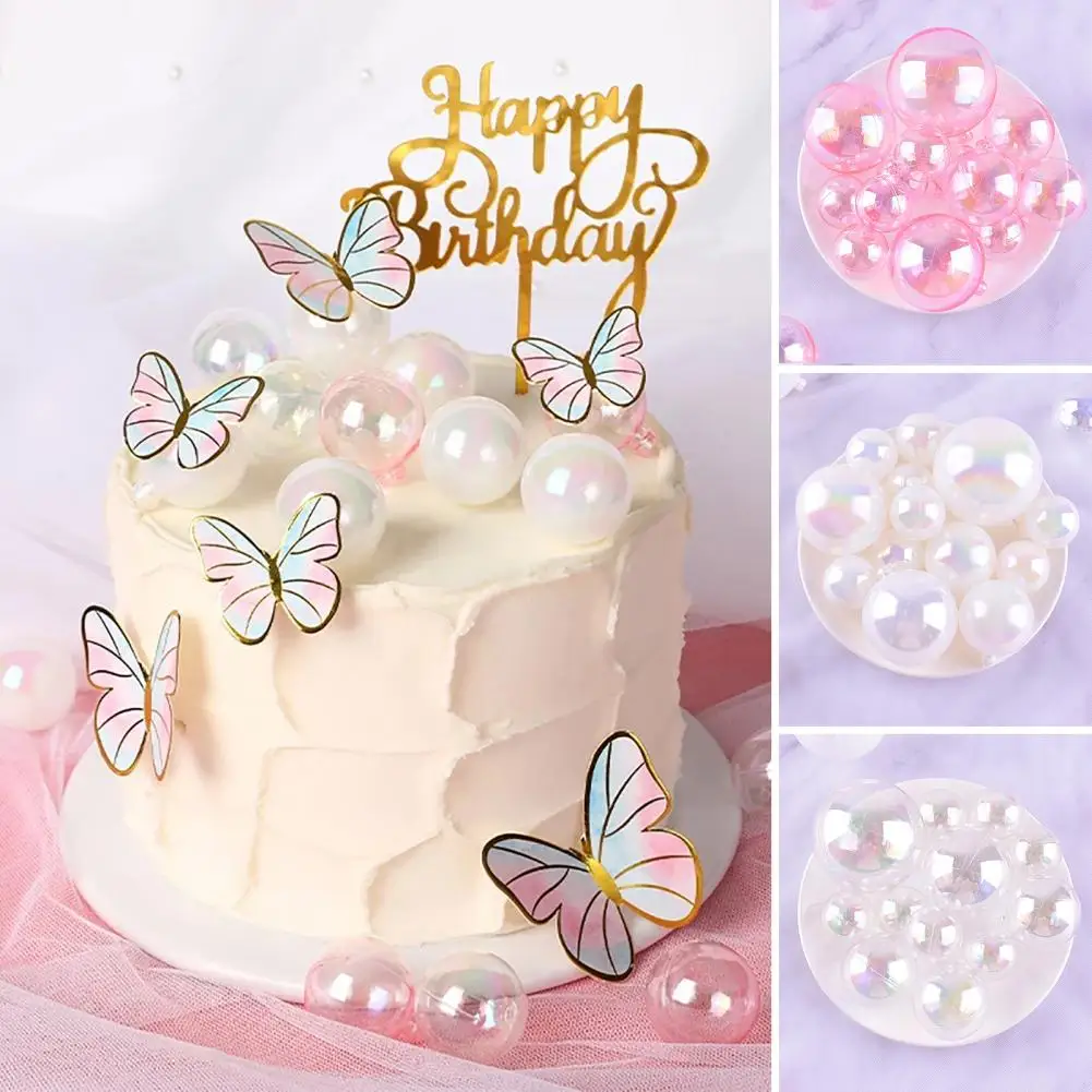 10 Pcs Cake Decoration Ball Transparent Pearlescent Faux Pearl BAP Free Plastic Christmas Tree Wedding Party Decor Bakery Supply
