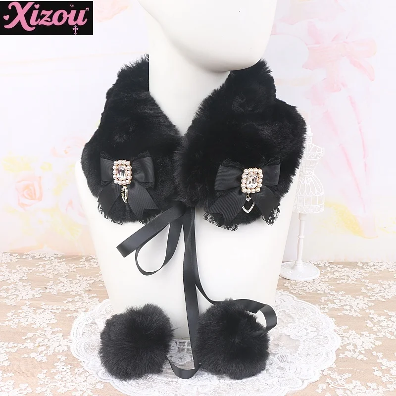Japanese  Handmade Mass-produced Sweet Lace Bow Big Hairball Scarf Cute Girl Hairy Fake Collar Fur Collar Versatile Winter Girl