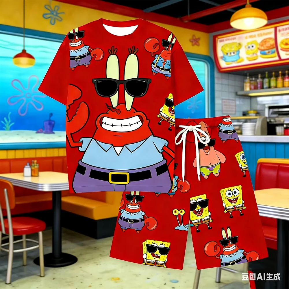 

2026 Red crab SpongeBob Outfit Set Cute Casual Cartoon Matching Clothes For Men's Shirts Women Y2k t-shirts And Pocket Pants