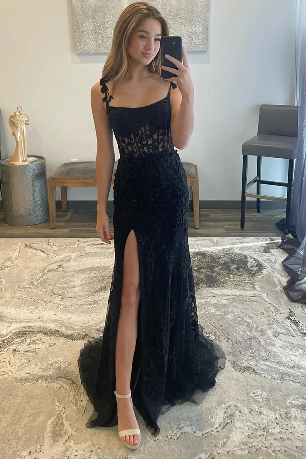 

Lace Appliques Mermaid Prom Dress Long Ball Gown Square Neck Backless Formal Evening Gown with Slit
