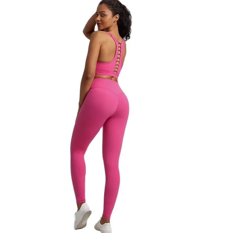 

Solid Color Gym Fitness Yoga Set Legging Back Cross Sport Bra Top 2pc Suit Comprehensive Training Jog Womencutout Tie Round Neck