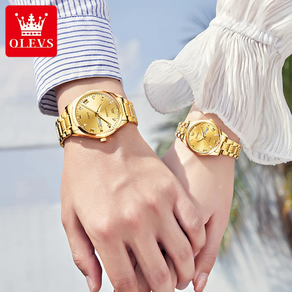 Olevs Nieuwe Merk Paar Quartz Horloges Luxe Diamant Roestvrij Staal Gouden Polshorloges Fashion Week Date Luminous Lover 'S Horloge