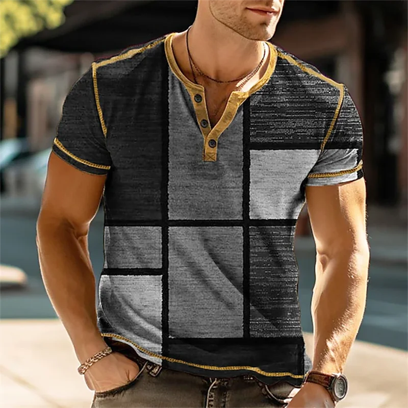 Chemise Henley à Manches Courtes pour Homme, Vêtement Imprimé en Patchwork 3D, à la Mode, avec lèvent, Vintage