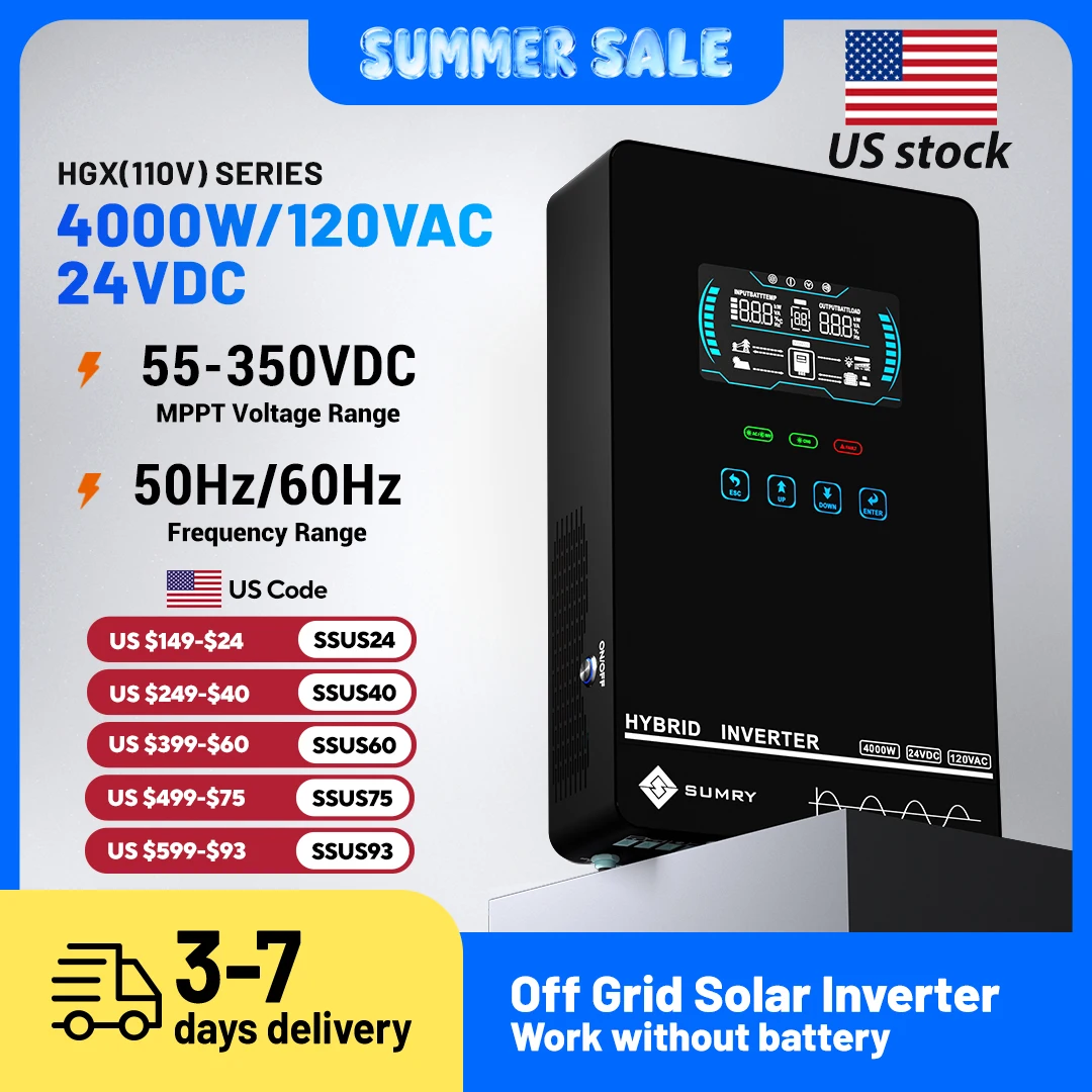 Sumry 4KW 120V Off Grid Solar Inverter 24V 140A 5600W MPPT Charger Pure Sine Wave Home Inverter 6.25 Inch LCD Display