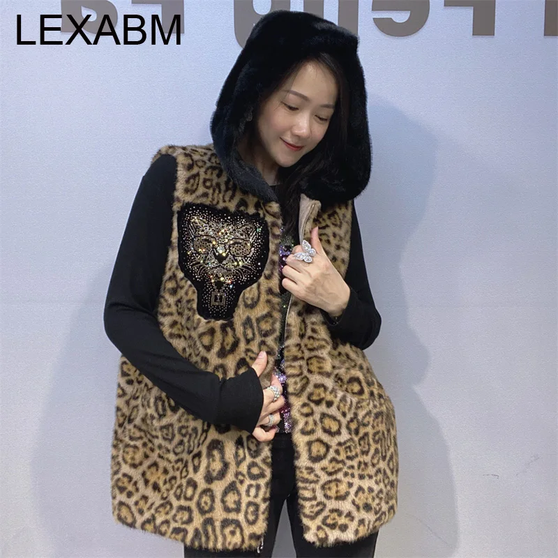 

Casual Leopard Oversized Hooded Vest Coat Woman Fur Keep Warm Leopard Head Pattern Vest Japanese Korean Fashion Tops Outwears
